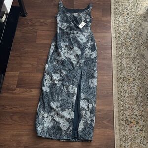 Adrianna Papell Matelasse Elegant Floral Maxi Dress with Slit Midnight Blue Prom